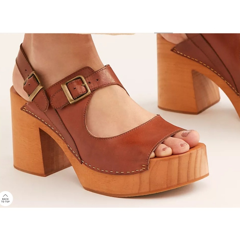 Free People Brown Leather Platform Sandals with Wood Block Heel